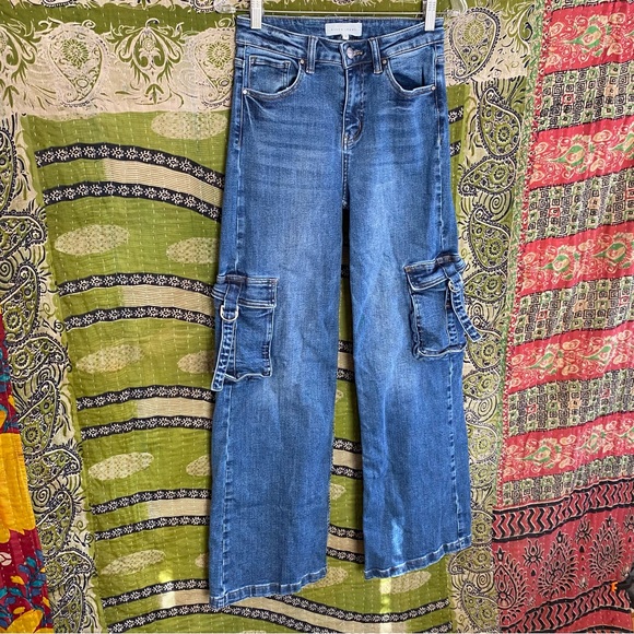 Risen Jeans Dark Stone Wash High-Rise Wide Leg Cargo Jeans Size 27 Y2K Revival - Picture 8 of 16